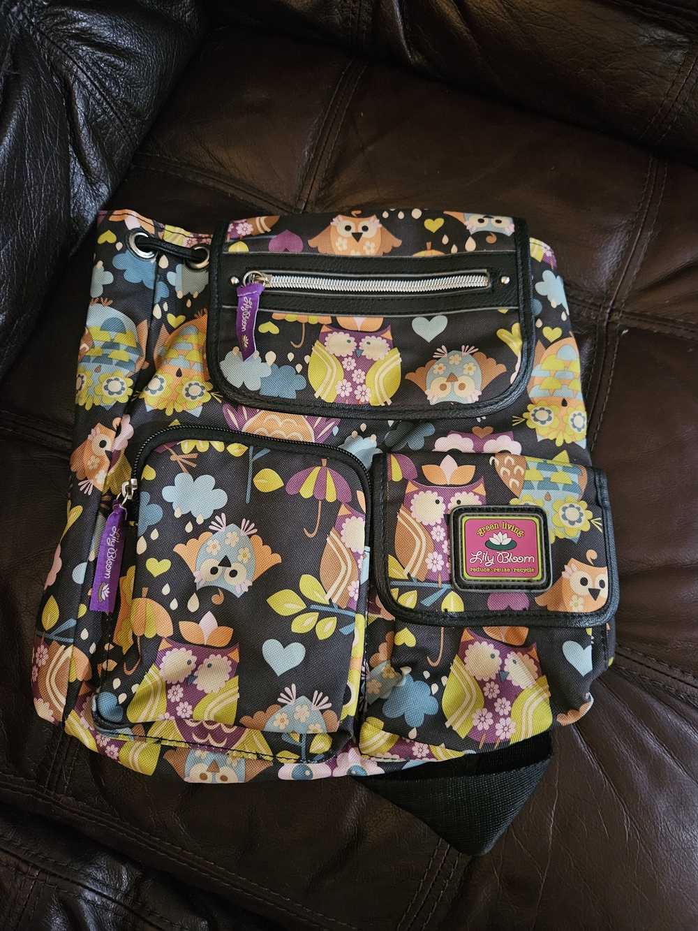 Lily Bloom Colorful Owl Print Backpack - Black Background